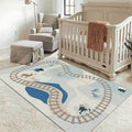 Avtoit | Blue Rail Pattern Carpet with Animals Polyester Kids Carpet Pet Friendly Washable Non-Slip Carpet for the Bedroom