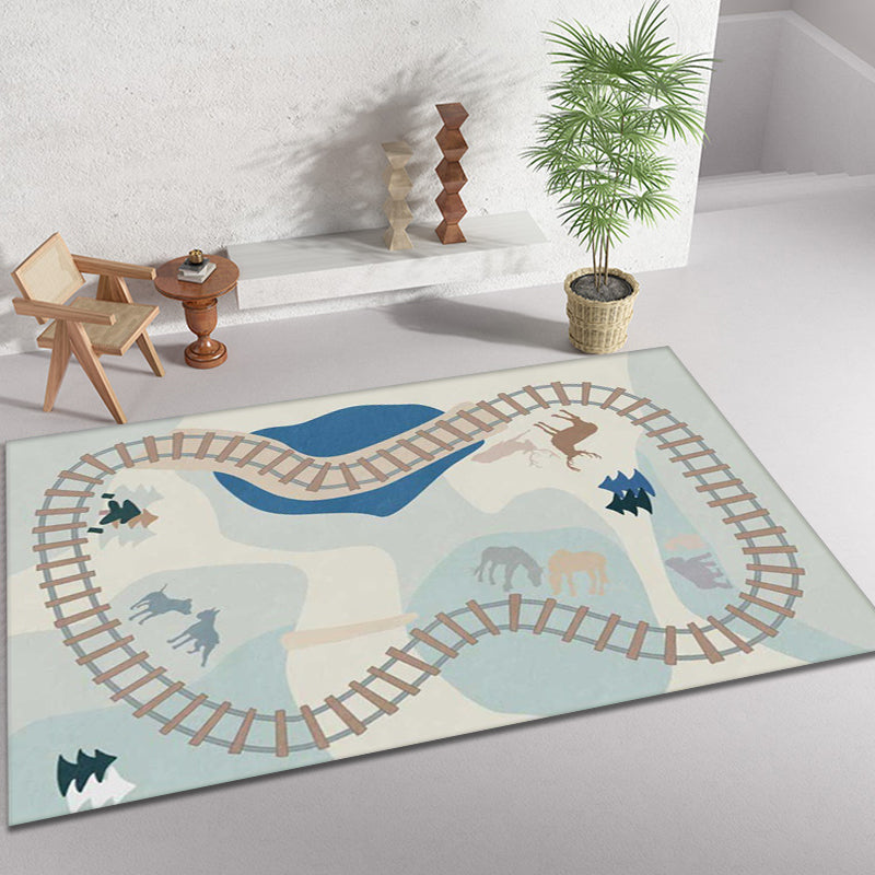 Avtoit | Blue Rail Pattern Carpet with Animals Polyester Kids Carpet Pet Friendly Washable Non-Slip Carpet for the Bedroom