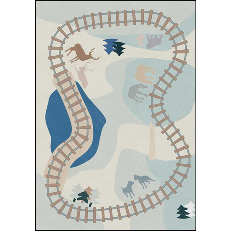 Avtoit | Blue Rail Pattern Carpet with Animals Polyester Kids Carpet Pet Friendly Washable Non-Slip Carpet for the Bedroom