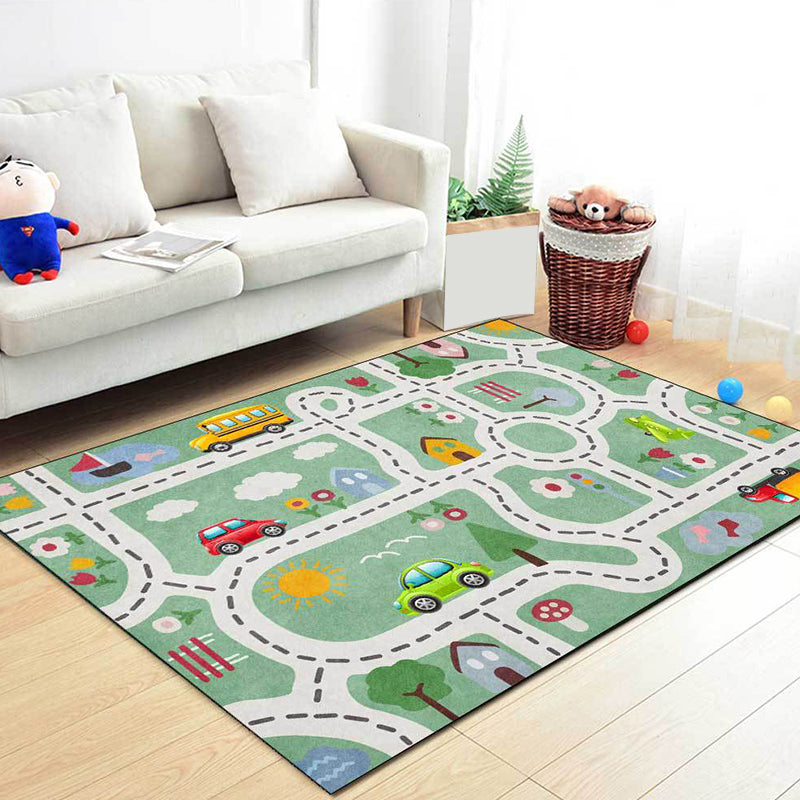 Avtoit | Kids Street Pattern Rug with Car Green Polyester Rug Non-Slip Pet Friendly Washable Rug for the Children's Room