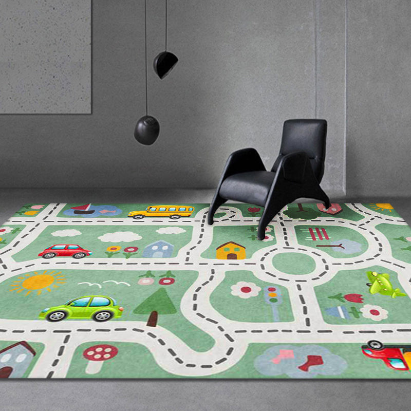 Avtoit | Kids Street Pattern Rug with Car Green Polyester Rug Non-Slip Pet Friendly Washable Rug for the Children's Room