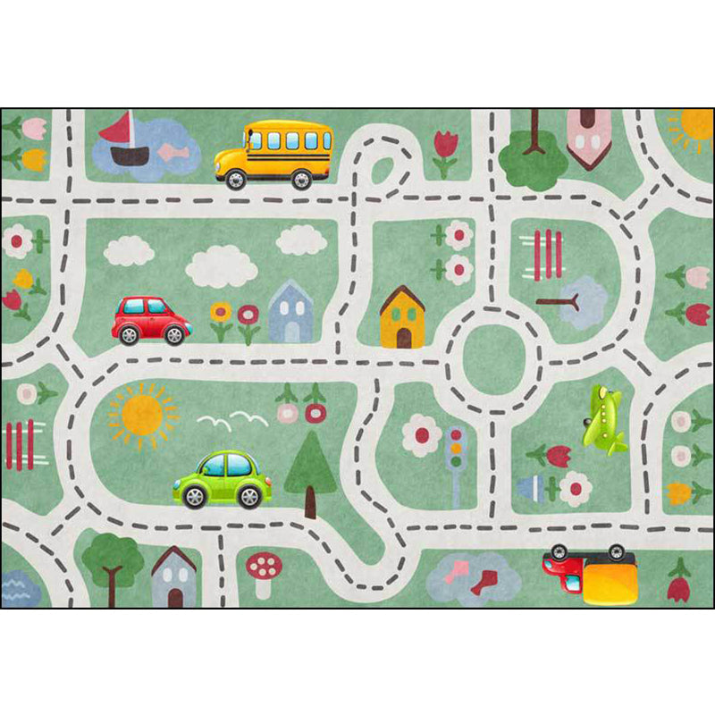 Avtoit | Kids Street Pattern Rug with Car Green Polyester Rug Non-Slip Pet Friendly Washable Rug for the Children's Room