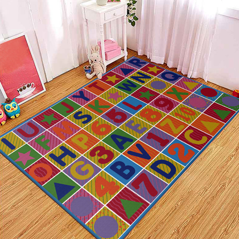 Avtoit | Multicolored Letter Pattern Rug Polyester Kids Rug Pet Friendly Washable Non-Slip Rug for the Bedroom