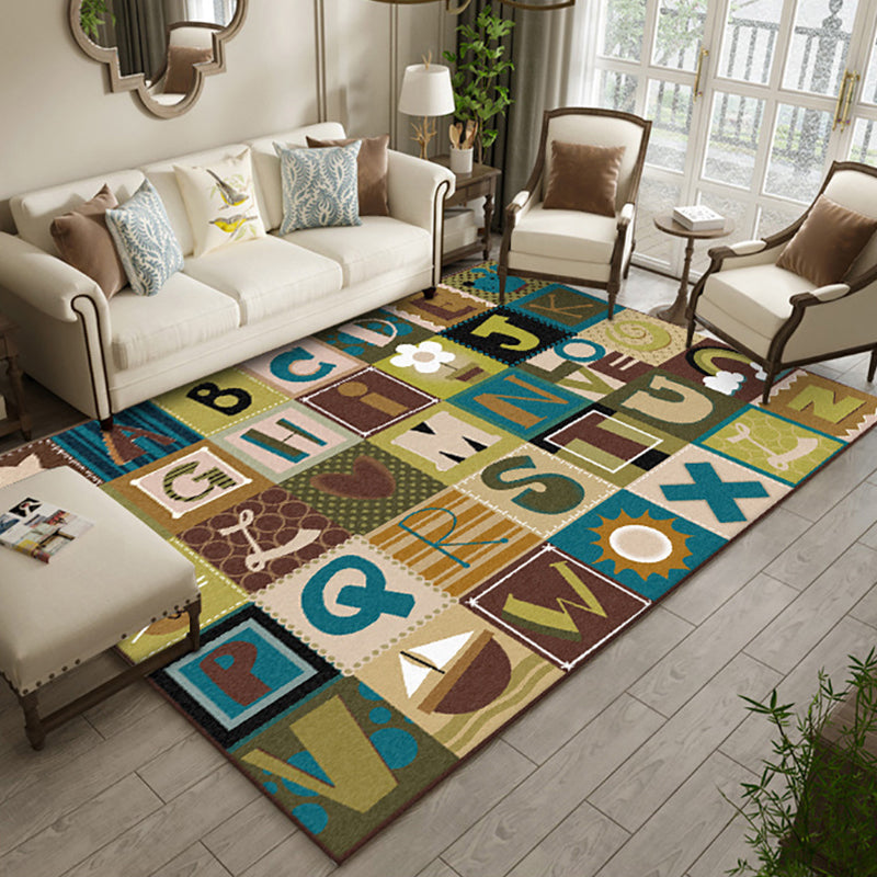 Avtoit | Kids Plaid Pattern Rug with Letters Brown Polyester Rug Non-Slip Pet-Friendly Washable Rug for Kids' Room