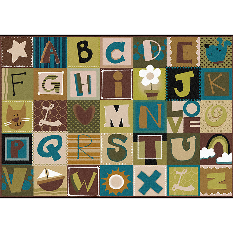 Avtoit | Kids Plaid Pattern Rug with Letters Brown Polyester Rug Non-Slip Pet-Friendly Washable Rug for Kids' Room