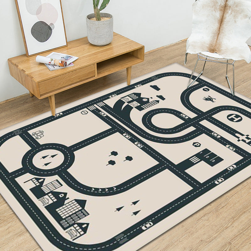 Avtoit | Stylish street pattern carpet with building Beige children's carpet Polyester pet-friendly washable non-slip carpet for decoration