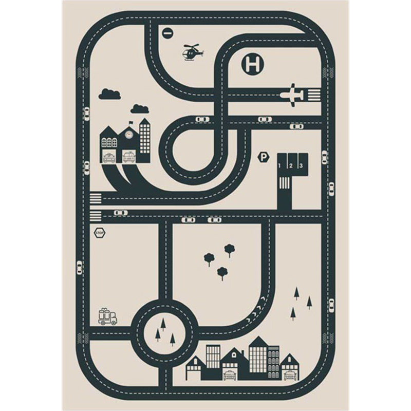 Avtoit | Stylish street pattern carpet with building Beige children's carpet Polyester pet-friendly washable non-slip carpet for decoration