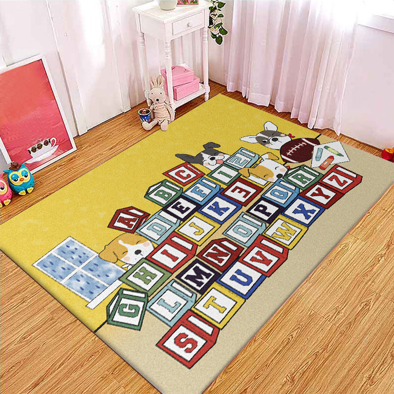 Avtoit | Yellow Letter Pattern Carpet with Dog Polyester Kids Carpet Pet Friendly Washable Anti-Slip Carpet for Bedroom