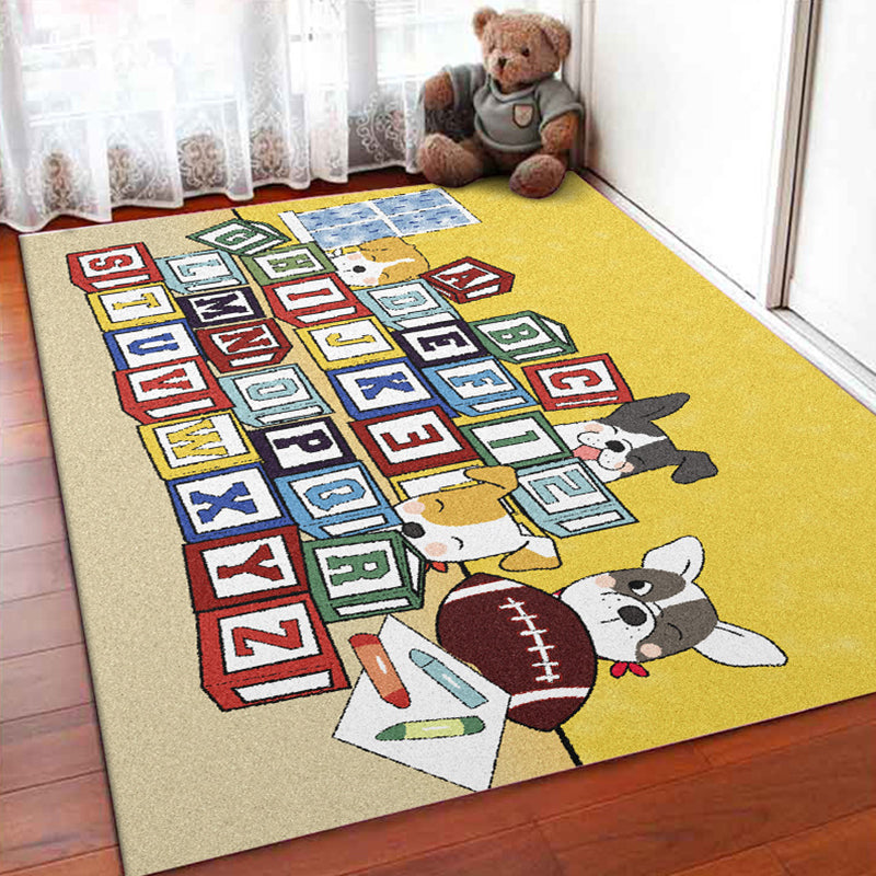 Avtoit | Yellow Letter Pattern Carpet with Dog Polyester Kids Carpet Pet Friendly Washable Anti-Slip Carpet for Bedroom