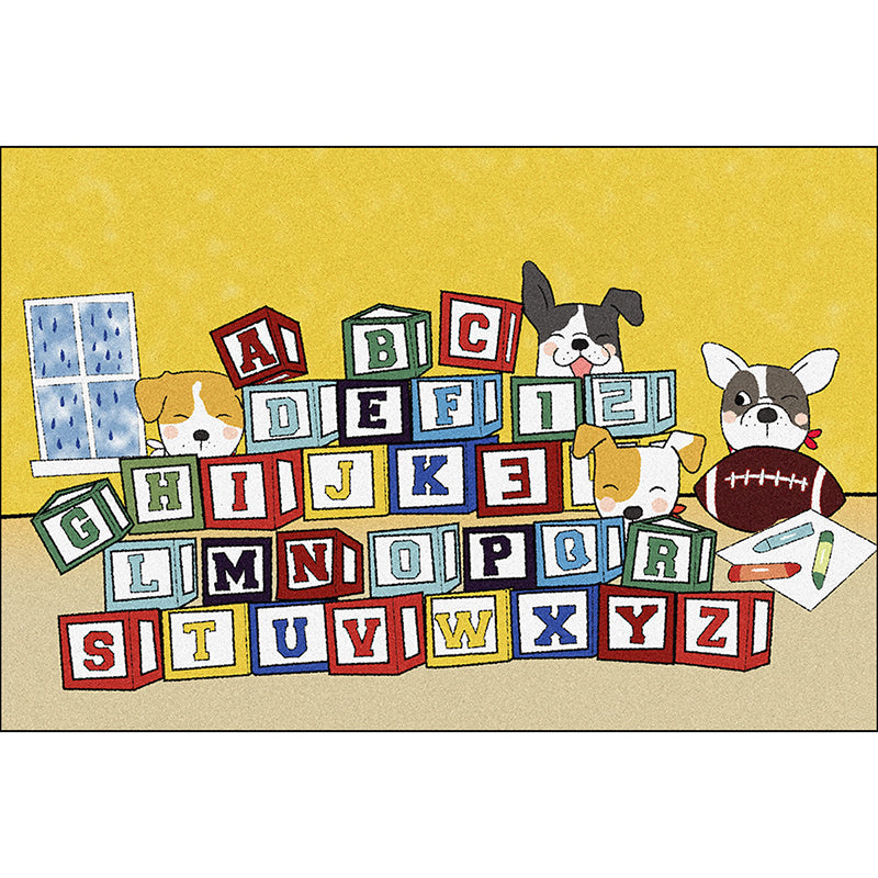 Avtoit | Yellow Letter Pattern Carpet with Dog Polyester Kids Carpet Pet Friendly Washable Anti-Slip Carpet for Bedroom