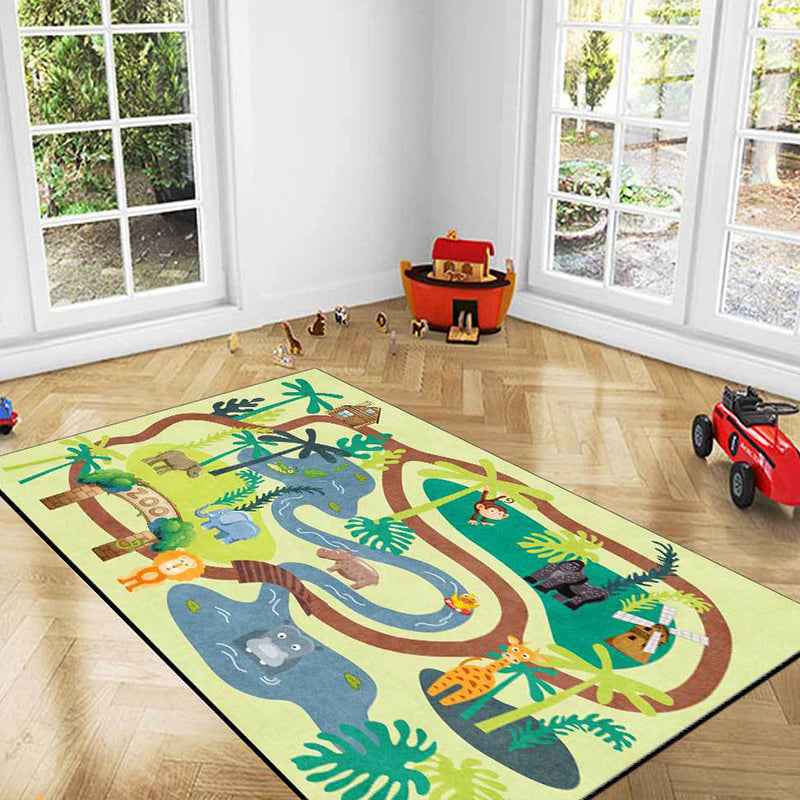 Avtoit | Children's Zoo Pattern Carpet with Animal Brown Polyester Carpet Non-slip Pet Friendly Washable Area Rug for Kids' Room