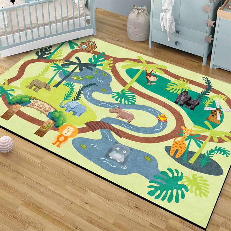 Avtoit | Children's Zoo Pattern Carpet with Animal Brown Polyester Carpet Non-slip Pet Friendly Washable Area Rug for Kids' Room