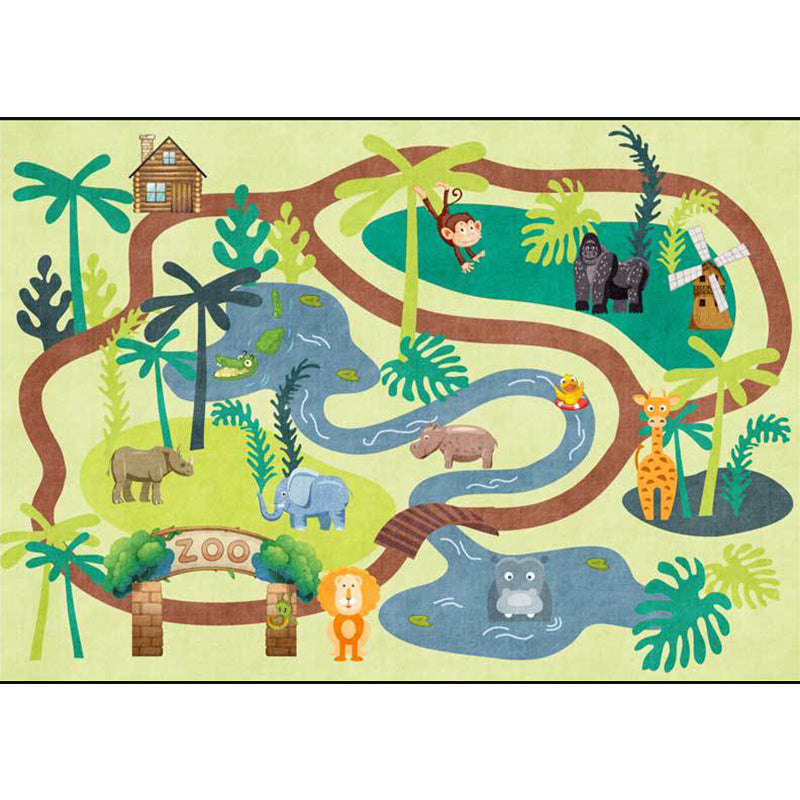Avtoit | Children's Zoo Pattern Carpet with Animal Brown Polyester Carpet Non-slip Pet Friendly Washable Area Rug for Kids' Room