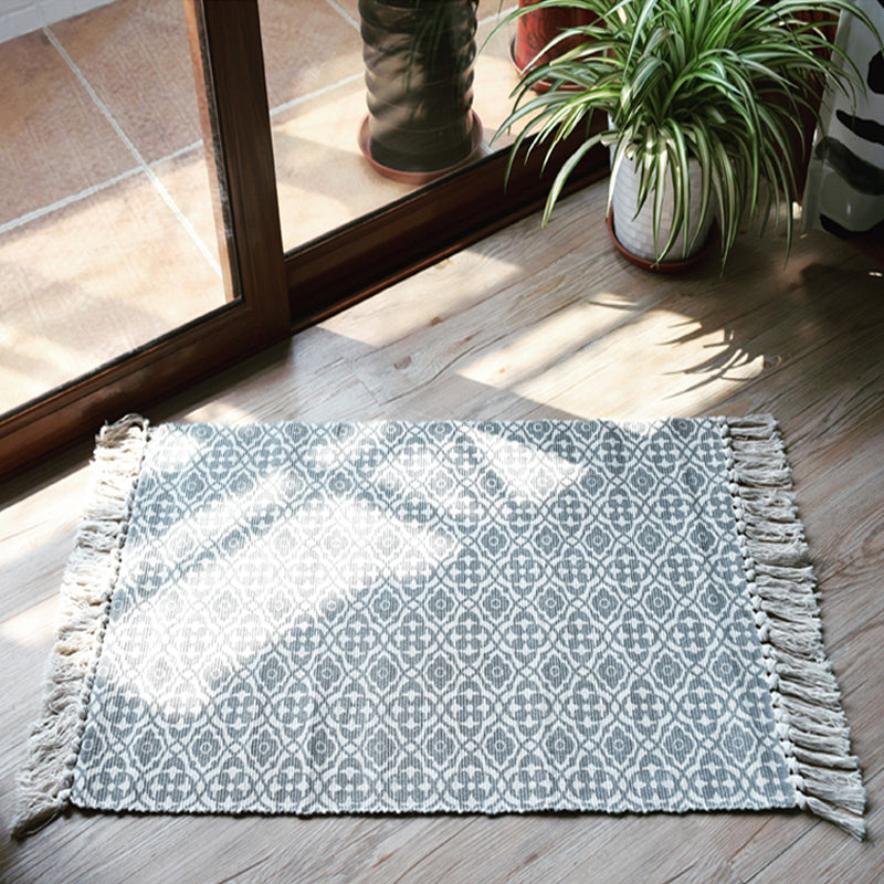Avtoit | Moroccan tribal flower pattern rug blue and gray cotton rug non-slip pet-friendly washable rug for the living room