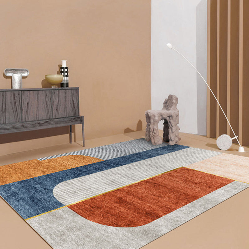 Avtoit | Orange-Red Modern Carpet Polyester Color Block Striped Pattern Carpet Pet-Friendly Washable Non-Slip Floor Mat for Home