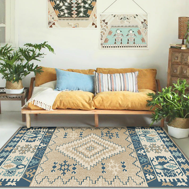 Avtoit | Brown and Blue Bohemian Rug Synthetic Tribal Diamond Pattern Rug Pet-Friendly Washable Non-Slip Rug for Decoration