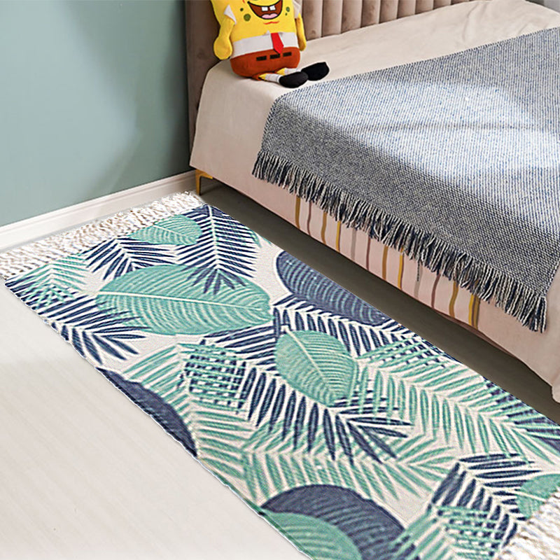 Avtoit | Tropical Leaf Pattern Carpet Green Cotton Rug Non-slip Pet Friendly Washable Area Rug for Living Room