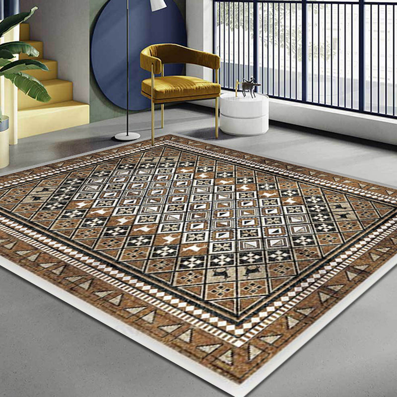 Avtoit | Moroccan Living Room Carpet Brown Tribal Geometric Pattern Carpet Polyester Washable Non-Slip Pet-Friendly Area Rug