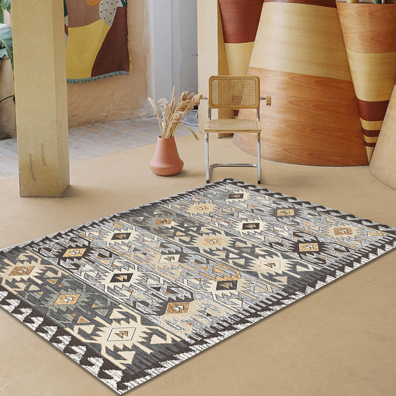 Avtoit | Gray Tribal-Diamond Pattern Rug Polypropylene Bohemian Rug Washable Non-Slip Back Rug for Living Room