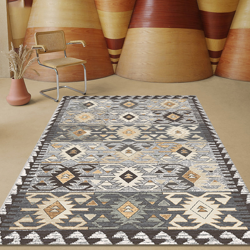 Avtoit | Gray Tribal-Diamond Pattern Rug Polypropylene Bohemian Rug Washable Non-Slip Back Rug for Living Room