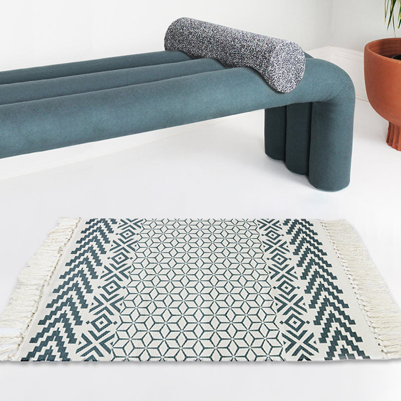 Avtoit | White and blue bedroom rug southwest tribal pattern rug cotton non-slip back washable area rug