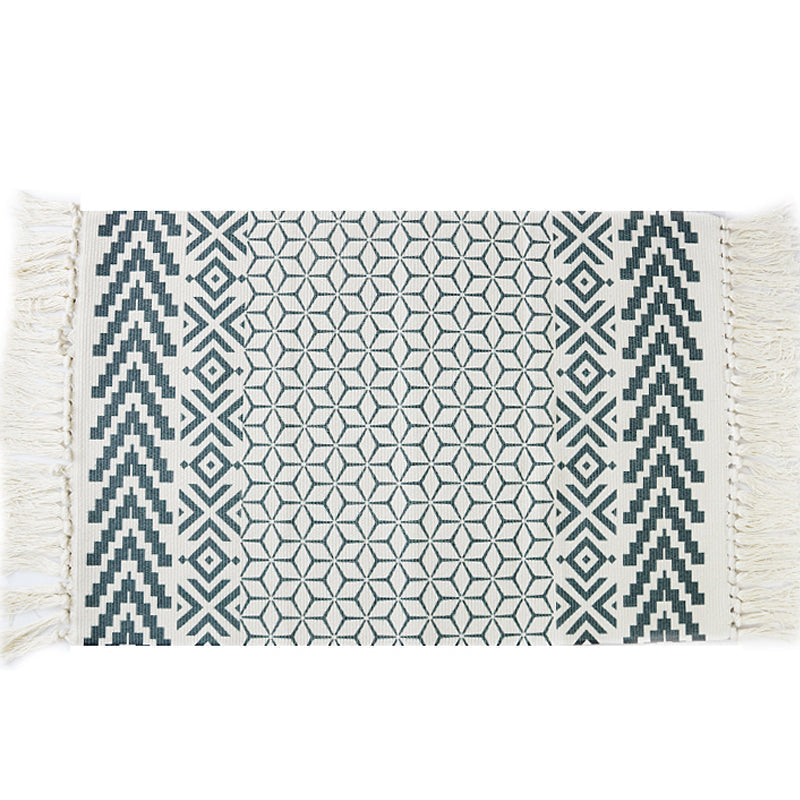 Avtoit | White and blue bedroom rug southwest tribal pattern rug cotton non-slip back washable area rug