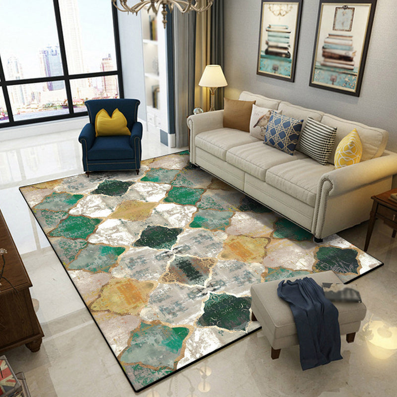 Avtoit | Green Parlor Rug Moroccan Albany Geometric Ogee Pattern Rug Polyester Machine Washable Non-Slip Rug