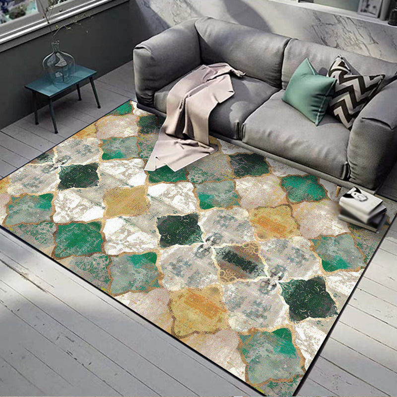 Avtoit | Green Parlor Rug Moroccan Albany Geometric Ogee Pattern Rug Polyester Machine Washable Non-Slip Rug