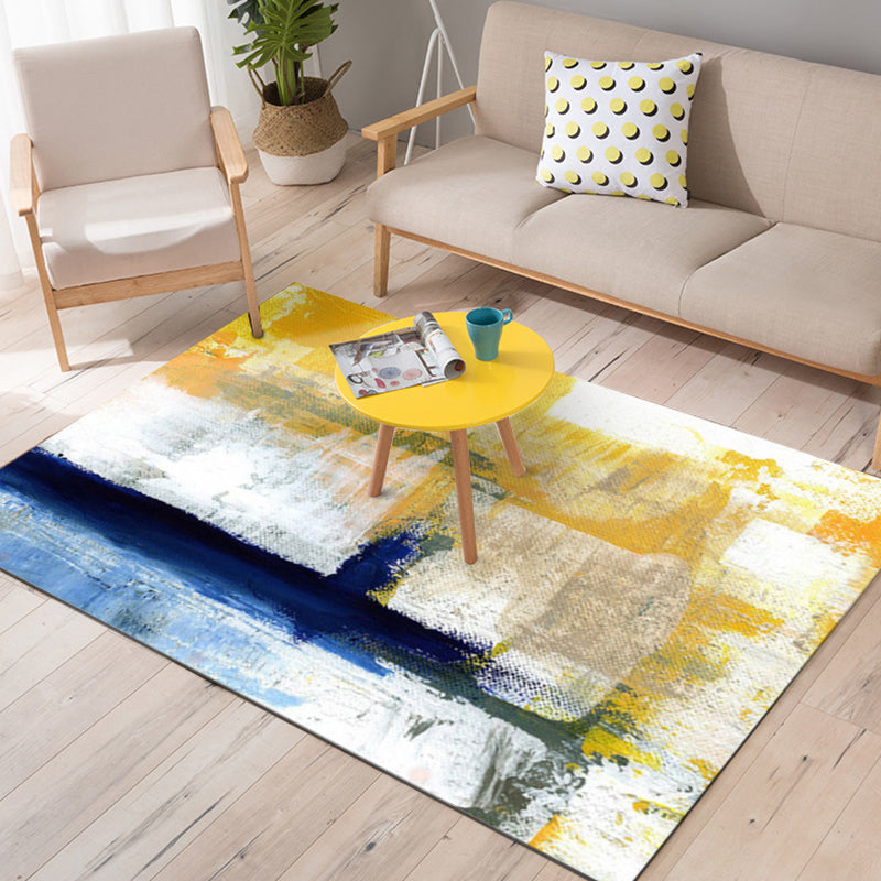 Avtoit | Yellow Living Room Carpet Industrial Brushstroke Painting Pattern Carpet Polyester Machine Washable Non-Slip Back Carpet