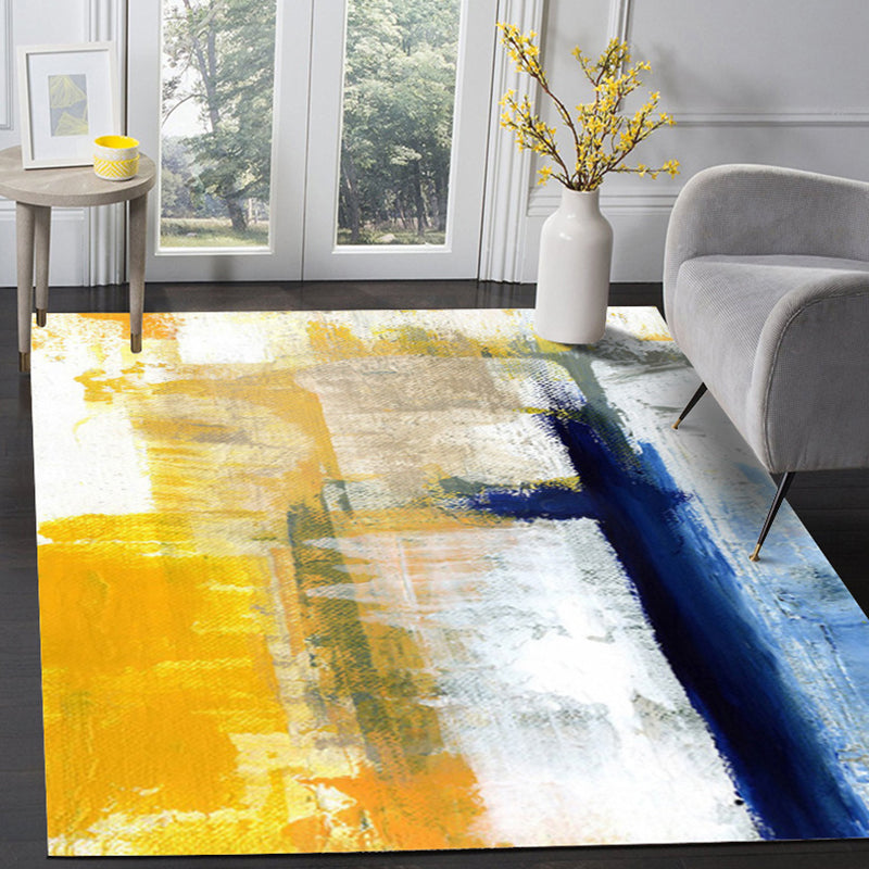 Avtoit | Yellow Living Room Carpet Industrial Brushstroke Painting Pattern Carpet Polyester Machine Washable Non-Slip Back Carpet