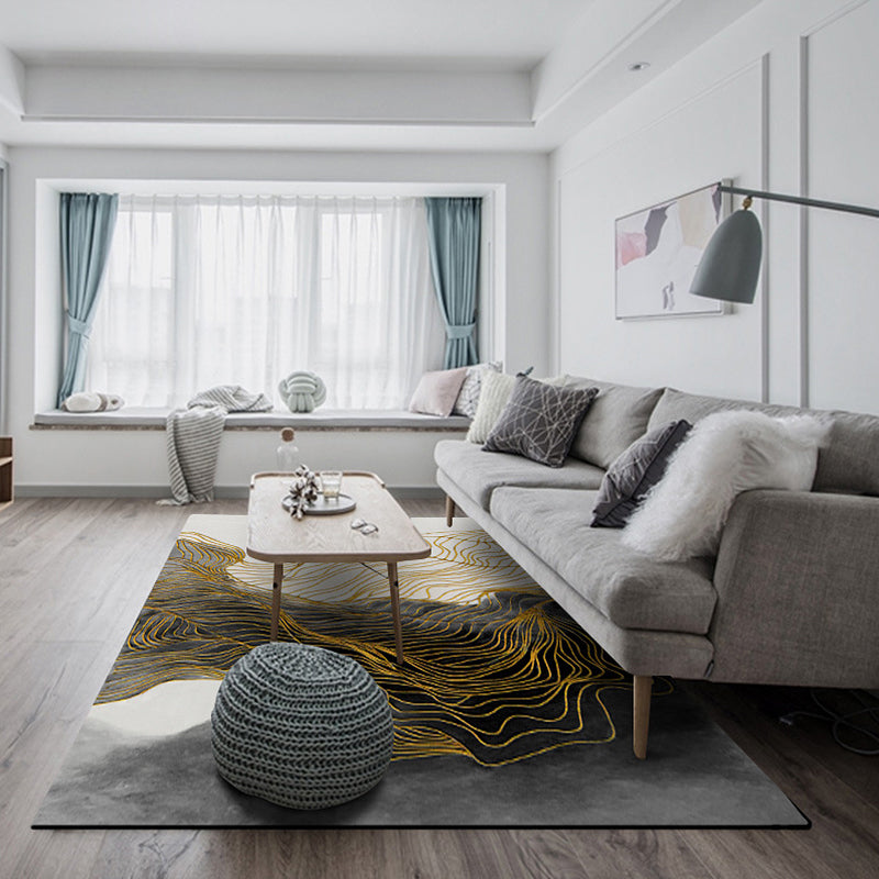 Avtoit | Modern Whirl Stripe Pattern Rug Black Polyester Area Rug Non-Slip Pet-Friendly Washable Rug for Living Room