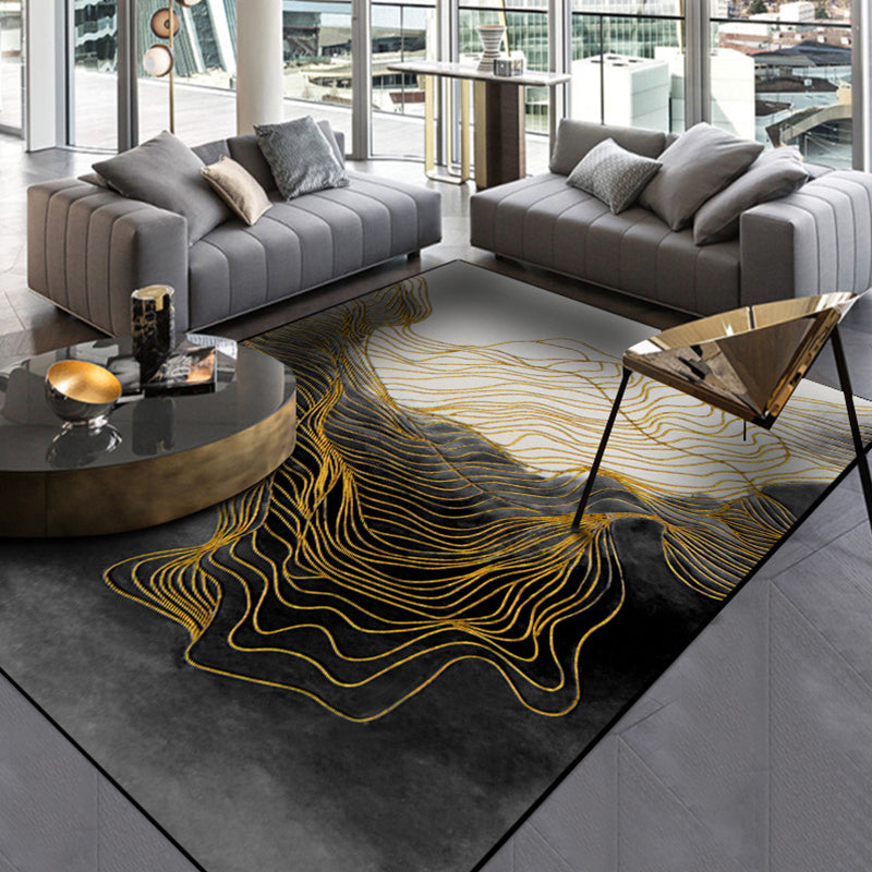 Avtoit | Modern Whirl Stripe Pattern Rug Black Polyester Area Rug Non-Slip Pet-Friendly Washable Rug for Living Room