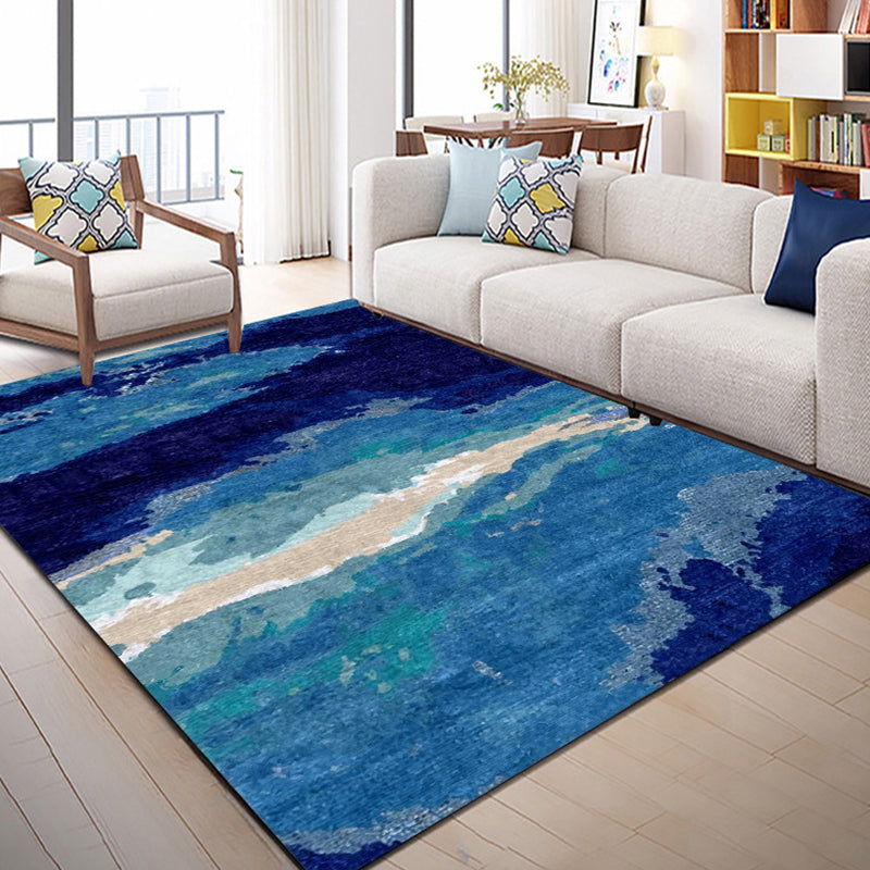 Avtoit | Contemporary Area Rug Blue Abstract Carpet Polyester Washable Non-Slip Pet Friendly Area Rug
