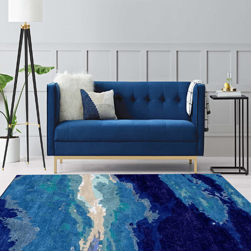 Avtoit | Contemporary Area Rug Blue Abstract Carpet Polyester Washable Non-Slip Pet Friendly Area Rug