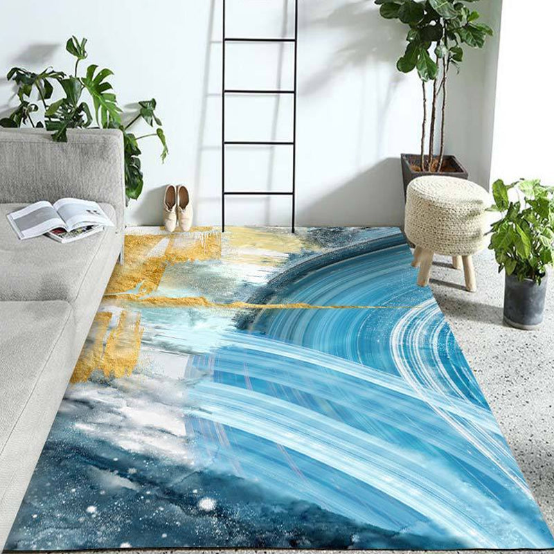 Avtoit | Modern Living Room Rug Blue Watercolor Pattern Rug Polyester Machine Washable Non-Slip Pet-Friendly Rug