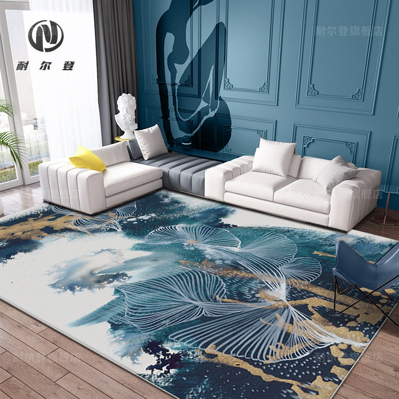 Avtoit | Blue Modernism Rug Polyester Swirl Stripes and Watercolor Pattern Rug Pet-Friendly Washable Non-Slip Rug for Bedroom