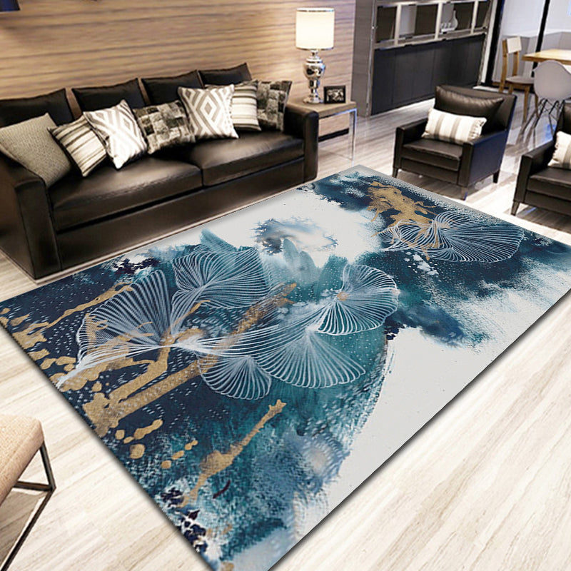 Avtoit | Blue Modernism Rug Polyester Swirl Stripes and Watercolor Pattern Rug Pet-Friendly Washable Non-Slip Rug for Bedroom