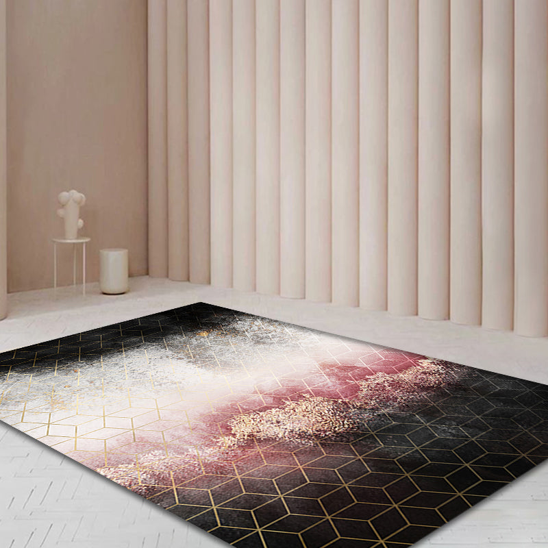 Avtoit | Modern Living Room Rug Black and Pink Abstract Rug Polyester Machine Washable Non-Slip Backing Pet-Friendly Rug