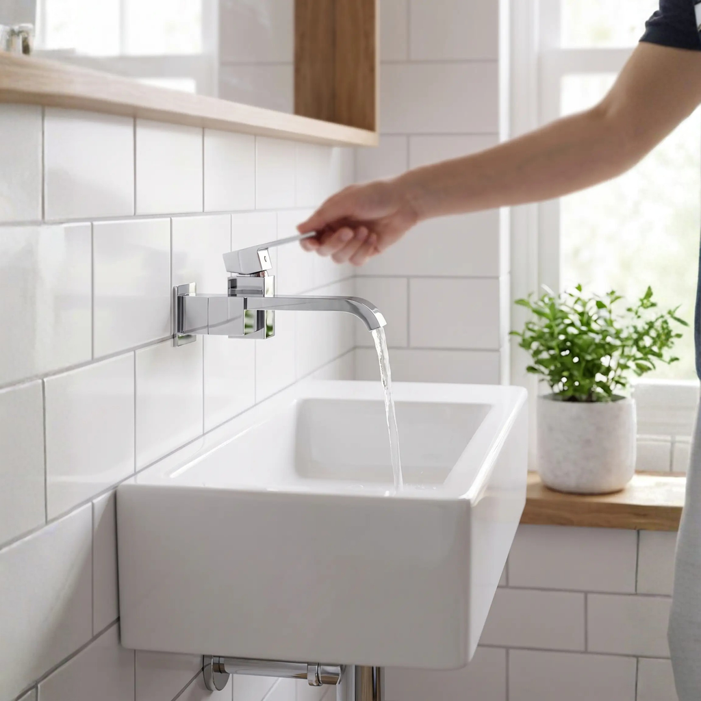 Avtoit | Contemporary Wall Mounted Bathroom Faucet Lever Handles Low Arc Swivel Brass Faucet