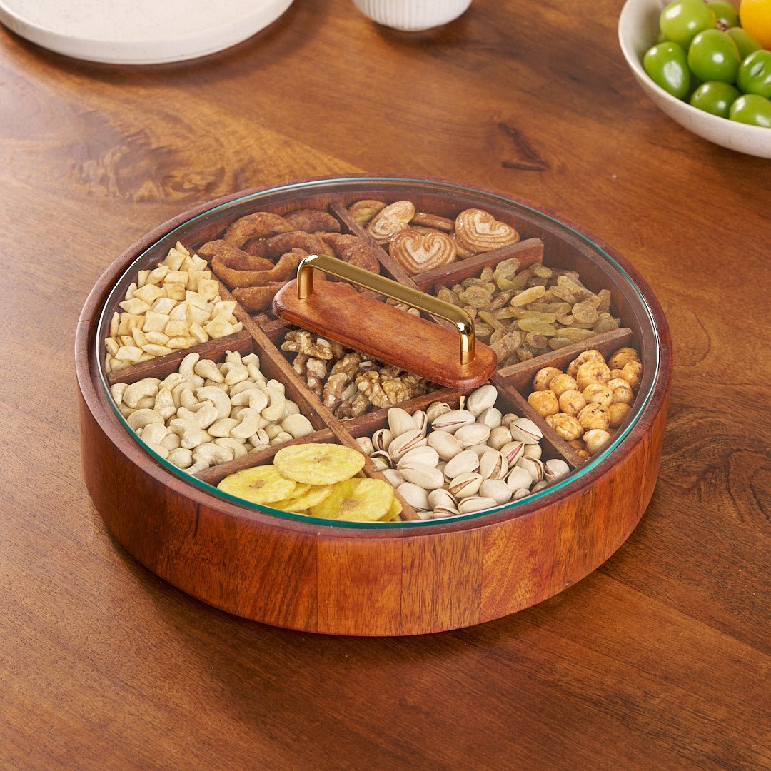Avtoit | BambooSpin – 9-Compartment Serving Tray with Rotating Lid | Premium Bamboo Snack Platter