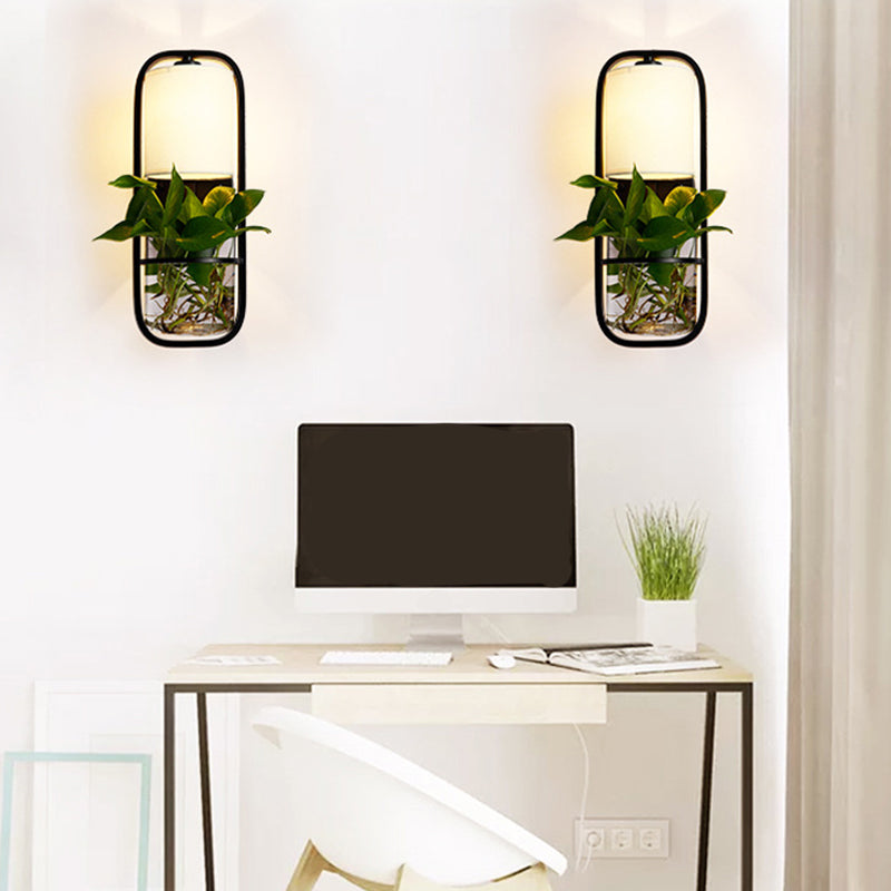 Avtoit | 1 Bulb Cylindrical Wall Lamp Lodge Black/White/Gold Fabric Wall Light with Warm/White Light and Plant Pot