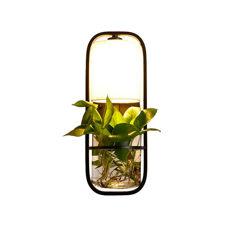 Avtoit | 1 Bulb Cylindrical Wall Lamp Lodge Black/White/Gold Fabric Wall Light with Warm/White Light and Plant Pot