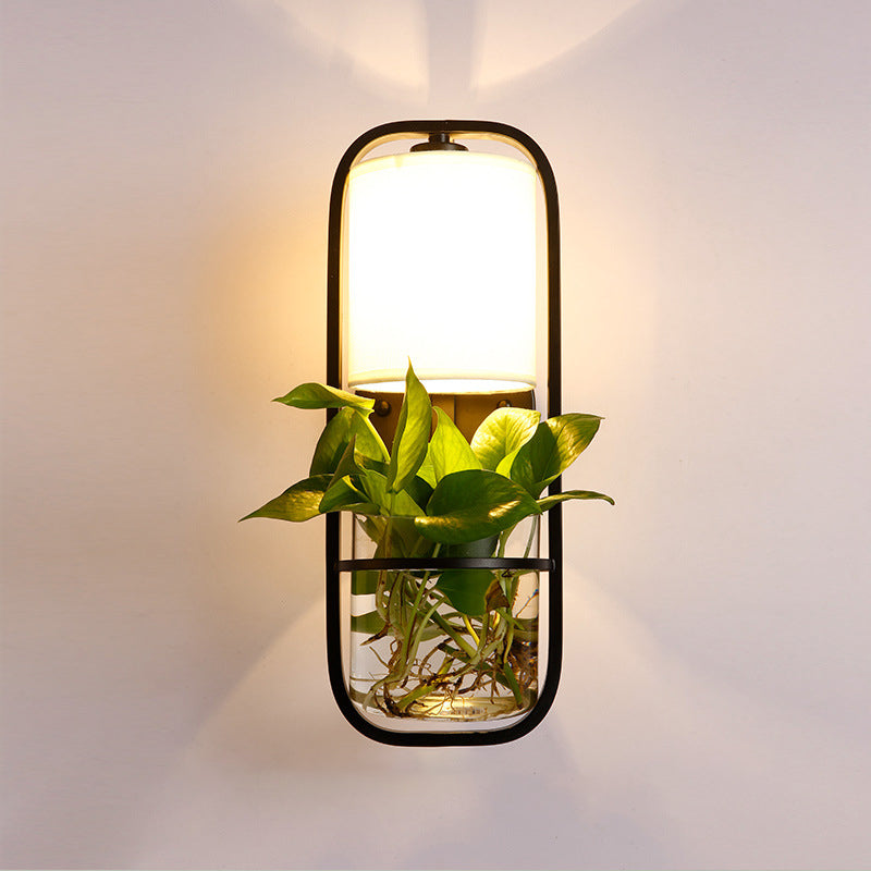 Avtoit | 1 Bulb Cylindrical Wall Lamp Lodge Black/White/Gold Fabric Wall Light with Warm/White Light and Plant Pot