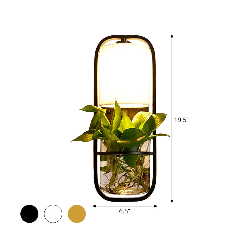Avtoit | 1 Bulb Cylindrical Wall Lamp Lodge Black/White/Gold Fabric Wall Light with Warm/White Light and Plant Pot
