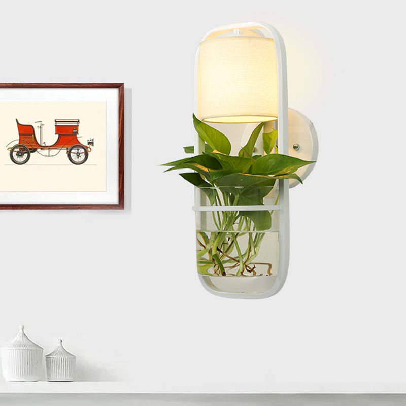 Avtoit | 1 Bulb Cylindrical Wall Lamp Lodge Black/White/Gold Fabric Wall Light with Warm/White Light and Plant Pot