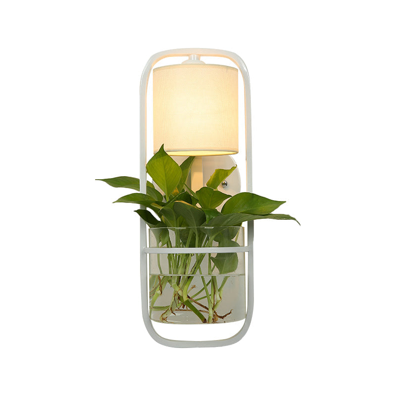 Avtoit | 1 Bulb Cylindrical Wall Lamp Lodge Black/White/Gold Fabric Wall Light with Warm/White Light and Plant Pot