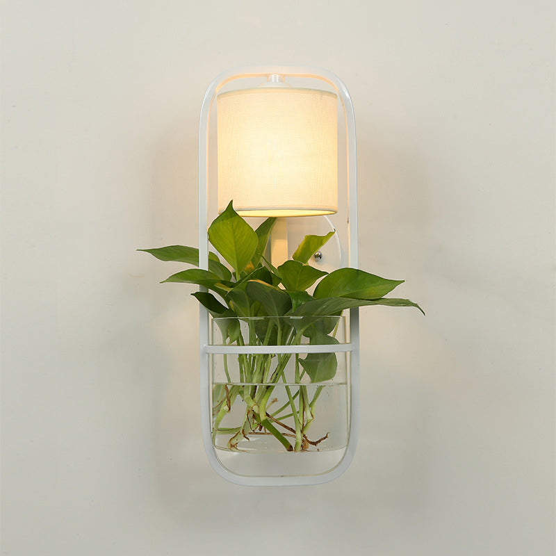 Avtoit | 1 Bulb Cylindrical Wall Lamp Lodge Black/White/Gold Fabric Wall Light with Warm/White Light and Plant Pot