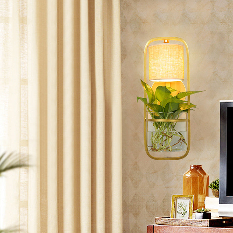 Avtoit | 1 Bulb Cylindrical Wall Lamp Lodge Black/White/Gold Fabric Wall Light with Warm/White Light and Plant Pot