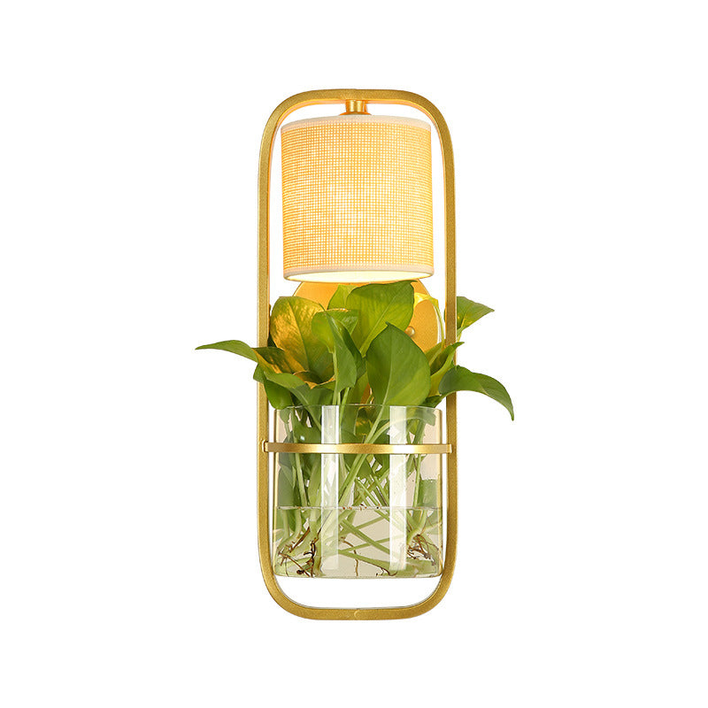 Avtoit | 1 Bulb Cylindrical Wall Lamp Lodge Black/White/Gold Fabric Wall Light with Warm/White Light and Plant Pot