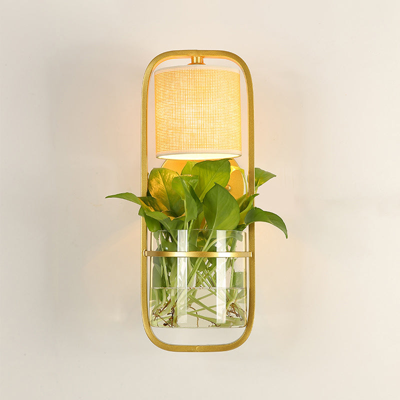 Avtoit | 1 Bulb Cylindrical Wall Lamp Lodge Black/White/Gold Fabric Wall Light with Warm/White Light and Plant Pot